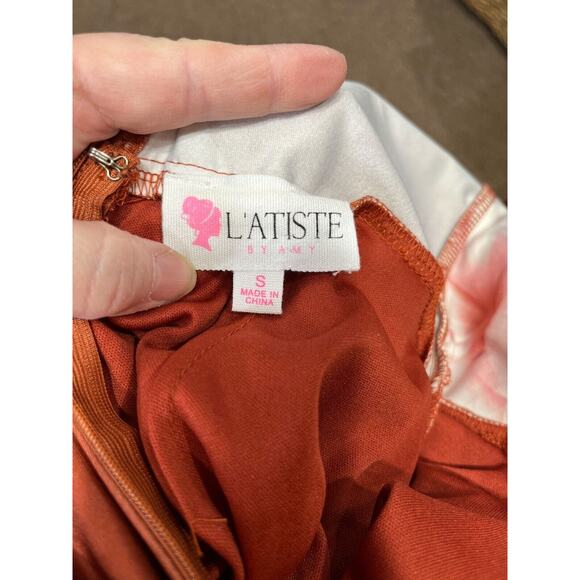 L’atiste By Amy Women Faux Orange Rust Floral Wrap Romper Size Small Sleeveless - Picture 6 of 13